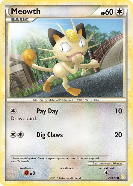 Meowth, Pokémon card HS 75 — HeartGold SoulSilver set