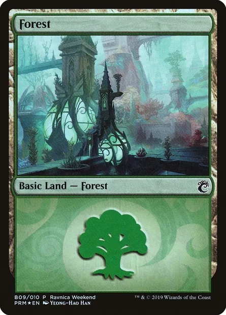 Forest, Magic card PRW2 B09 — RNA Ravnica Weekend set