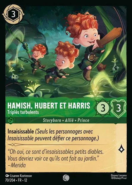Hamish, Hubert et Harris - Triplés turbulents, carte Disney Lorcana CH12-070 — extension Contrées Inconnues