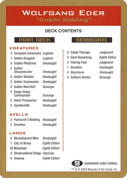 Wolfgang Eder Decklist, Magic card WC03 we0b — World Championship Decks 2003 set