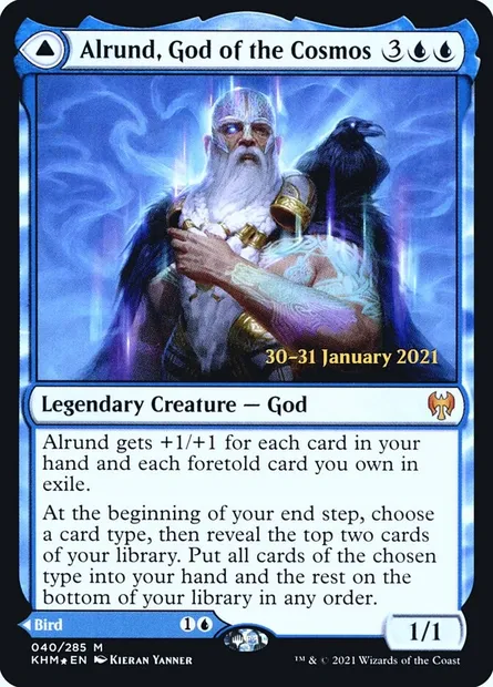 Alrund, God of the Cosmos // Hakka, Whispering Raven, Magic card PKHM 40s — Kaldheim Promos set