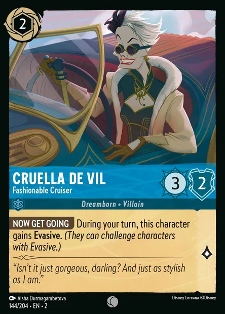 Cruella De Vil - Fashionable Cruiser, Disney Lorcana card CH2-144 — Rise of the Floodborn set