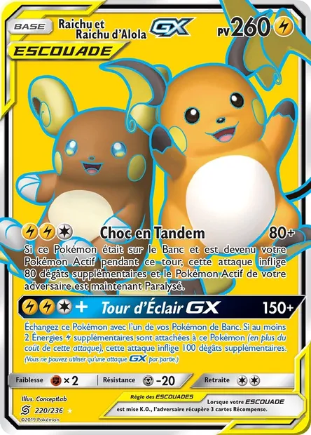 Raichu et Raichu d’Alola GX, carte Pokémon UNM 220 — extension Harmonie des Esprits
