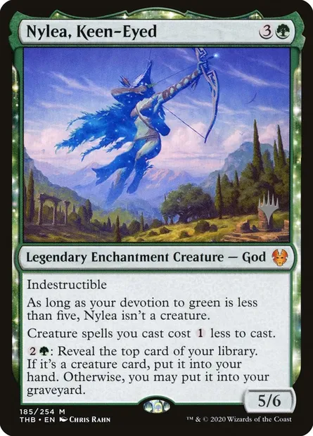Nyléa, Œil perçant, carte Magic PTHB 185p — extension Theros Beyond Death Promos