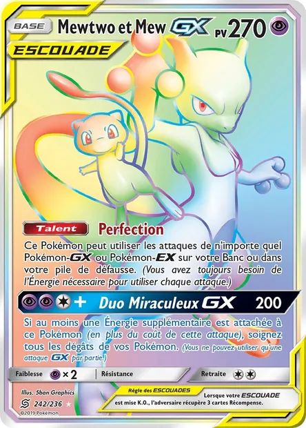 Mewtwo et Mew GX, carte Pokémon UNM 242 — extension Harmonie des Esprits