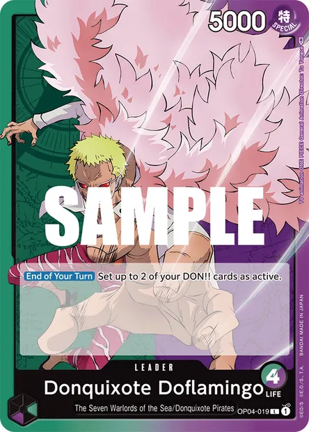 Donquixote Doflamingo, One Piece card OP04-019 — KINGDOMS OF INTRIGUE set