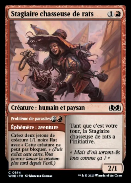 Stagiaire chasseuse de rats // Problème de parasites, carte Magic WOE 144 — extension Wilds of Eldraine