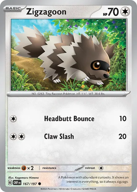 Zigzagoon, Pokémon card OBF 167 — Obsidian Flames set