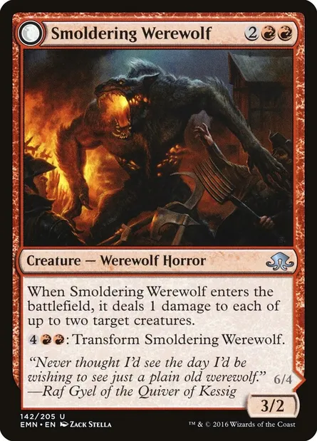 Smoldering Werewolf // Erupting Dreadwolf, Magic card EMN 142 — Eldritch Moon set