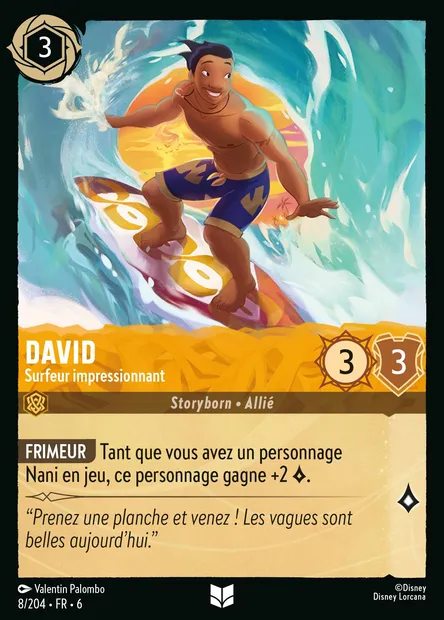 David - Surfeur impressionnant, carte Disney Lorcana CH6-008 — extension La Mer Azurite