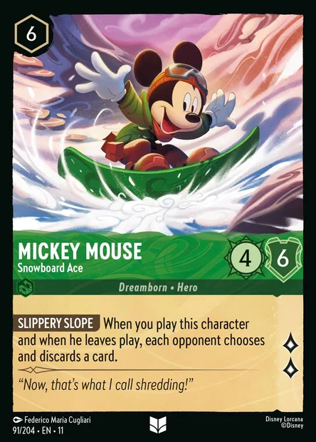 Mickey Mouse - Snowboard Ace, Disney Lorcana card CH11-091 — Winterspell set