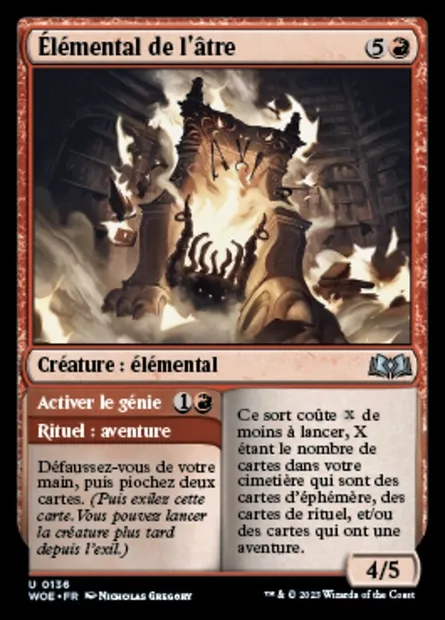 Élémental de l'âtre // Activer le génie, carte Magic WOE 136 — extension Wilds of Eldraine