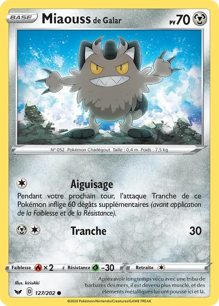 Miaouss de Galar, carte Pokémon SSH 127 — extension Épée et Bouclier