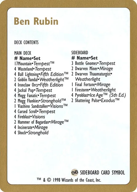 Ben Rubin Decklist, Magic card WC98 br0b — World Championship Decks 1998 set