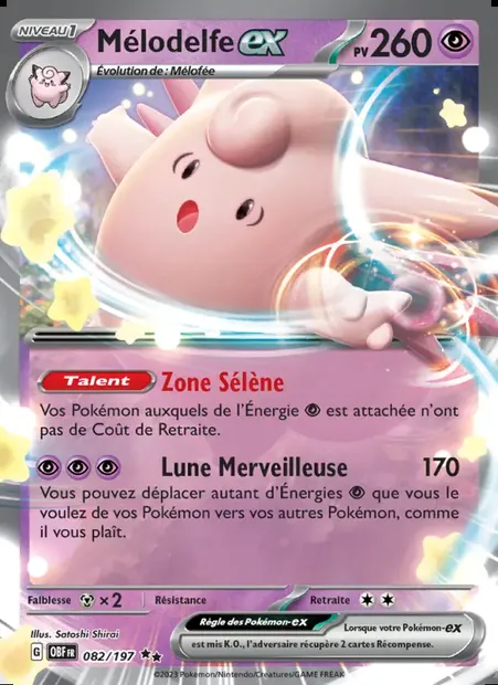 Mélodelfe-ex, carte Pokémon OBF 082 — extension Flammes Obsidiennes