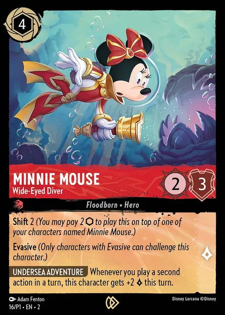 Minnie Mouse - Wide-Eyed Diver, Disney Lorcana card P1-016 — P1 set