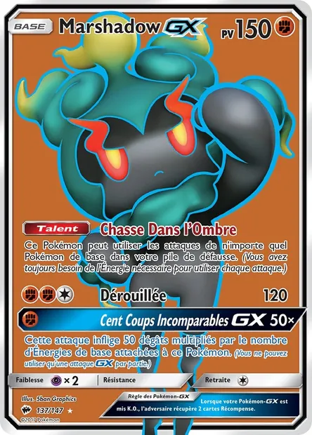 Marshadow GX, carte Pokémon BUS 137 — extension Ombres Ardentes