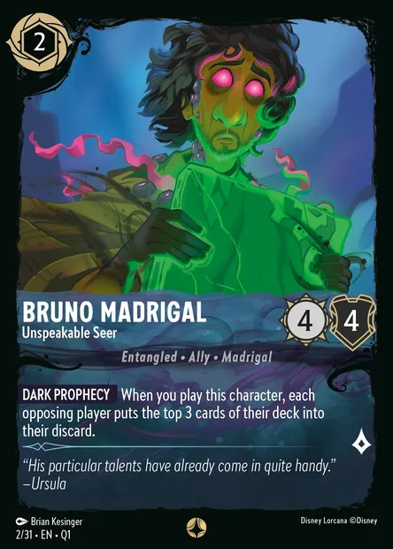Bruno Madrigal - Unspeakable Seer, Disney Lorcana card Q1-002 — Illumineer's Quest: Deep Trouble set