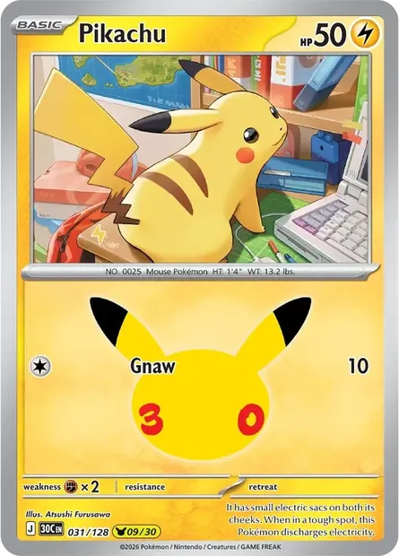 Pikachu, Pokémon card 30C 031 — 30th Celebration set