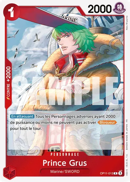 Prince Grus, carte One Piece OP11-013 — extension DES POINGS VIFS COMME L'ÉCLAIR