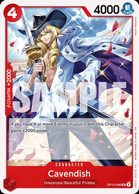 Cavendish, One Piece card OP15-006 — ADVENTURE ON KAMI’S ISLAND set