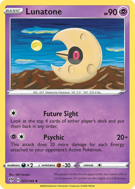 Lunatone, Pokémon card DAA 72 — Darkness Ablaze set