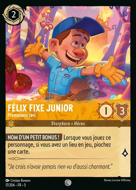 Félix Fixe Junior - Promeneur ravi, carte Disney Lorcana CH5-017 — extension Ciel Scintillant