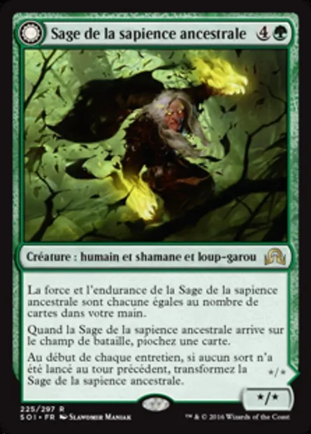 Sage de la sapience ancestrale // Loup-garou de la faim ancestrale, carte Magic SOI 225 — extension Ténèbres sur Innistrad