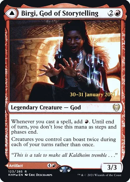 Birgi, déesse des Contes // Harnfel, corne d'abondance, carte Magic PKHM 123s — extension Kaldheim Promos