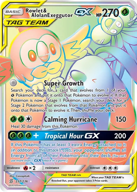 Rowlet & Alolan Exeggutor GX, Pokémon card UNM 237 — Unified Minds set