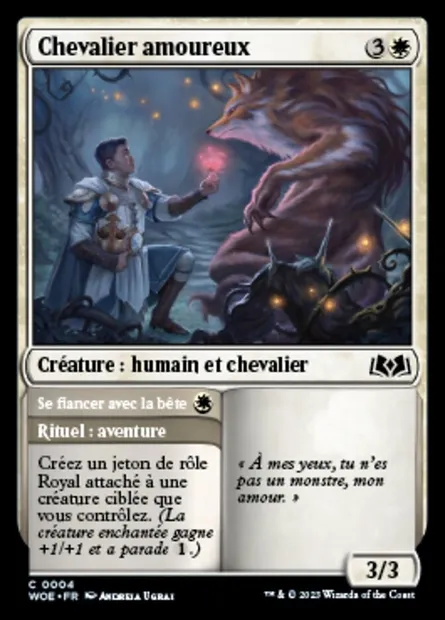 Chevalier amoureux // Se fiancer avec la bête, carte Magic WOE 4 — extension Wilds of Eldraine