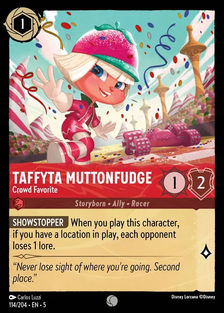 Taffyta Muttonfudge - Crowd Favorite, Disney Lorcana card CH5-114 — Shimmering Skies set