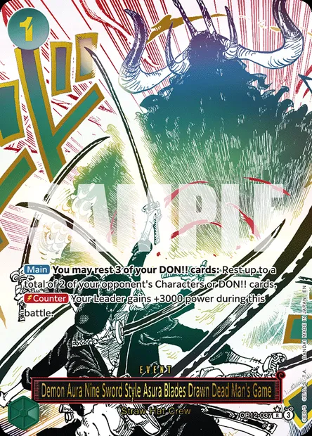 Demon Aura Nine Sword Style Asura Blades Drawn Dead Man's Game, One Piece card OP12-037 — LEGACY OF THE MASTER set