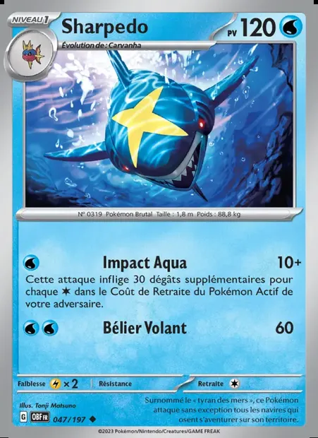 Sharpedo, carte Pokémon OBF 047 — extension Flammes Obsidiennes