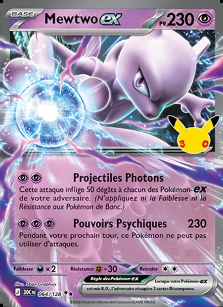 Mewtwo-ex, carte Pokémon 30C 064 — extension 30ᵉ Anniversaire