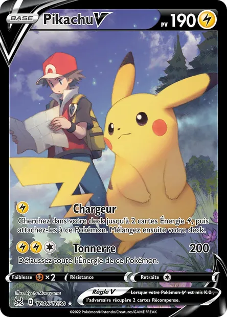 Pikachu V, carte Pokémon LOR TG16 — extension Origine Perdue