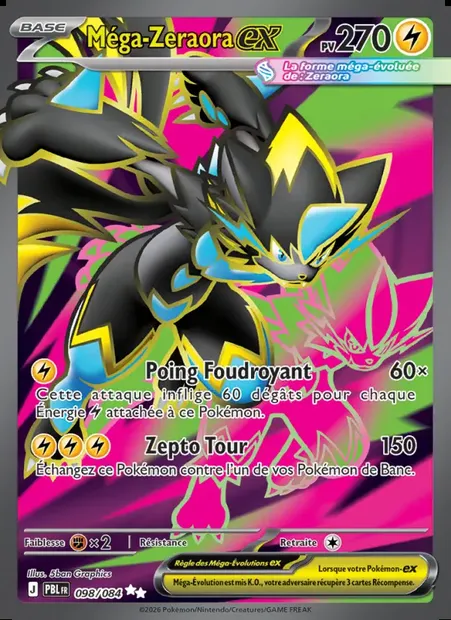 Méga-Zeraora-ex, carte Pokémon PBL 098 — extension Nuit Noire