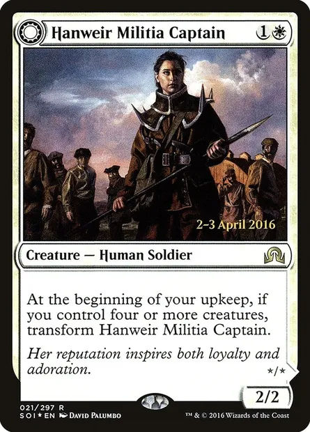 Capitaine de la milice de Hanweir // Chef de culte du Val d'Orient, carte Magic PSOI 21s — extension Shadows over Innistrad Promos