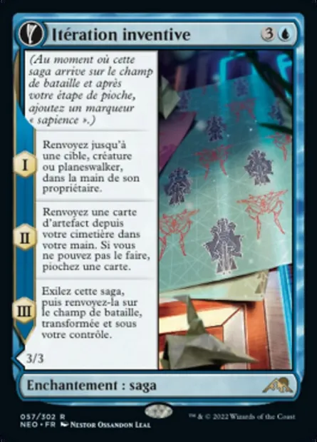 Itération inventive // Découverte vivante, carte Magic NEO 57 — extension Kamigawa: La Dynastie Néon