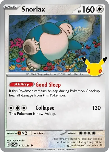 Snorlax, Pokémon card 30C 119 — 30th Celebration set
