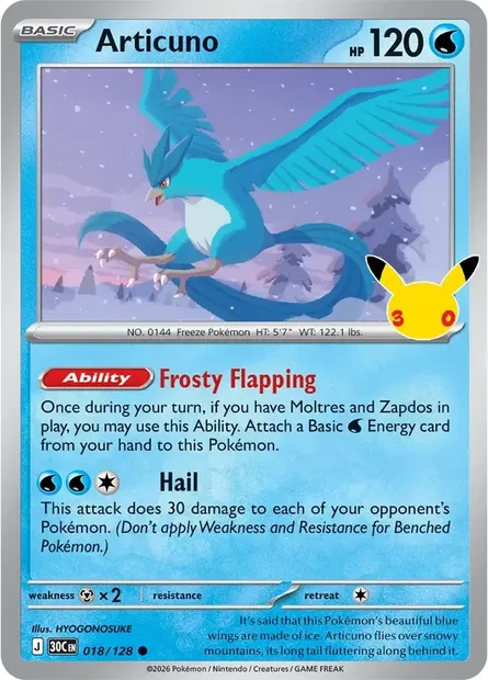 Articuno, Pokémon card 30C 018 — 30th Celebration set