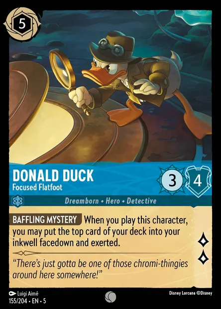 Donald Duck - Focused Flatfoot, Disney Lorcana card CH5-155 — Shimmering Skies set
