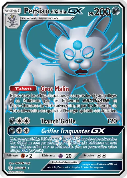 Persian d’Alola GX, carte Pokémon CEC 219 — extension Éclipse Cosmique