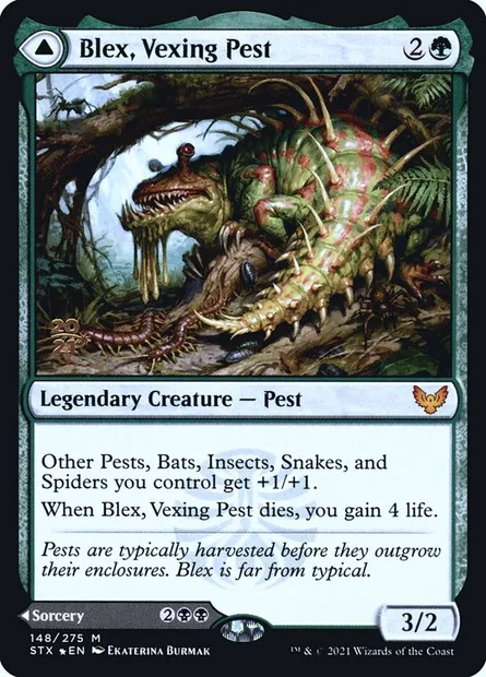 Blex, nuisible agaçant // Recherche de Blex, carte Magic PSTX 148s — extension Strixhaven: School of Mages Promos