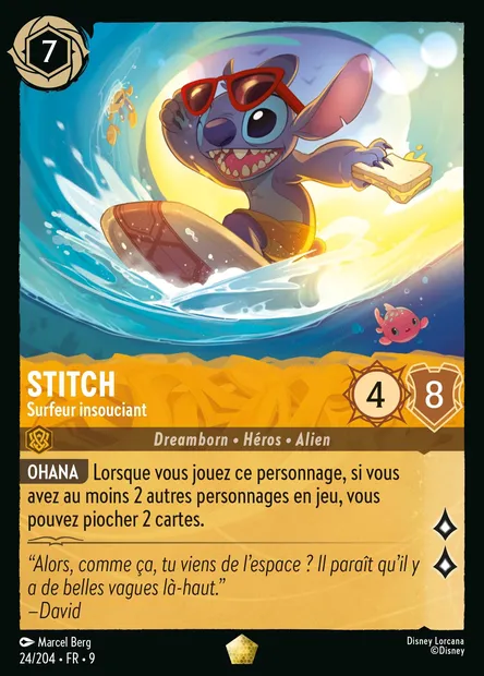 Stitch - Surfeur insouciant, carte Disney Lorcana CH9-024 — extension Fabuleux