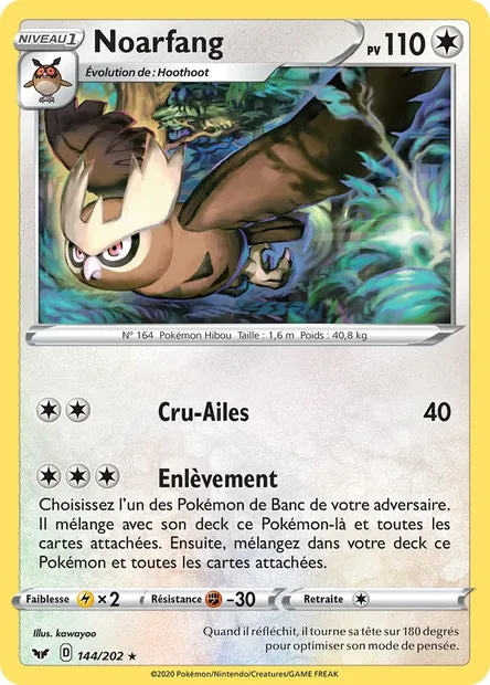 Noarfang, carte Pokémon SSH 144 — extension Épée et Bouclier