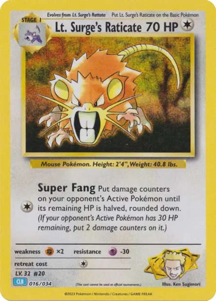 Lt. Surge's Raticate, carte Pokémon CLB 016 — extension Pokémon TCG Classic: Blastoise & Suicune ex Deck