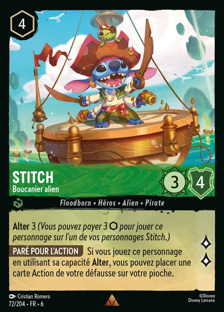 Stitch - Boucanier alien, carte Disney Lorcana CH6-072 — extension La Mer Azurite
