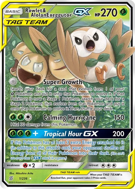 Rowlet & Alolan Exeggutor GX, Pokémon card UNM 1 — Unified Minds set