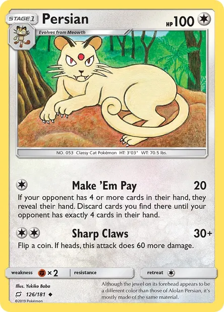 Persian, Pokémon card TEU 126 — Team Up set